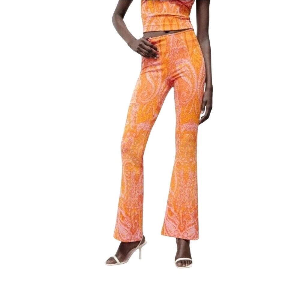 Zara Flare Pants Size Small Pull On High Waisted Floral Paisley Orange Pink Boho